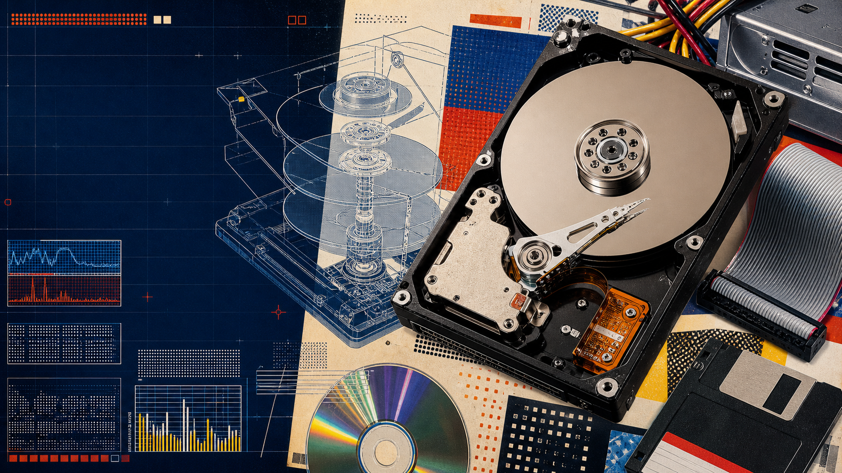 HDDと記憶媒体のPC雑誌風コラージュ